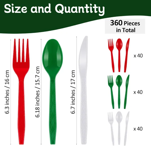 Vista 2 de Kochorie 360 cubiertos de plástico de Navidad desechables cubiertos de plástico para Navidad, rojo, verde, blanco, tenedores, cuchillos y cucharas