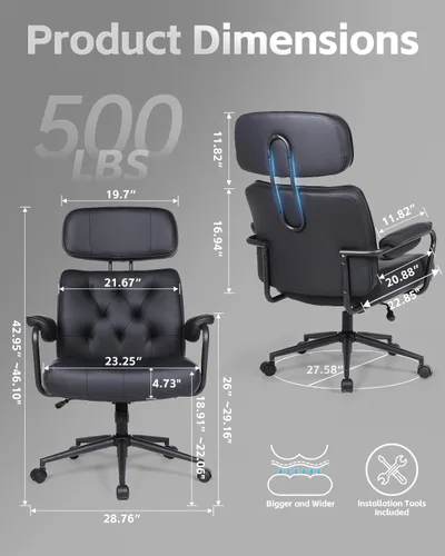 Vista 2 de Silla de oficina grande y alta de 500 libras, silla de escritorio cómoda, silla de computadora de gran tamaño extra ancha, sillas modernas