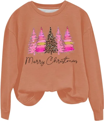 Vista 4 de Sudadera de manga larga con estampado navideño para mujer, cuello redondo, ajuste holgado, lindas camisetas navideñas