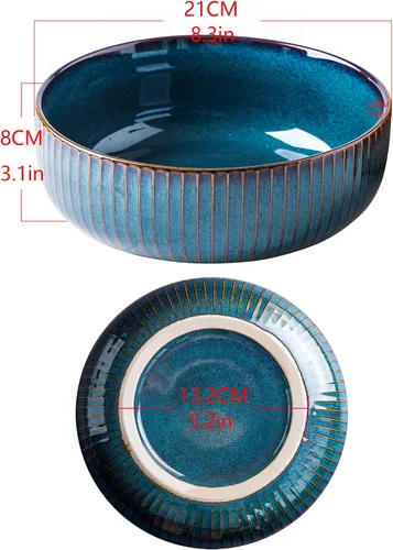 Vista 3 de CSYY Ensaladera de 66 onzas, 8 pulgadas, cuencos de sopa grandes, cuenco redondo de porcelana azul decorativo para ensalada, papas fritas, cereales