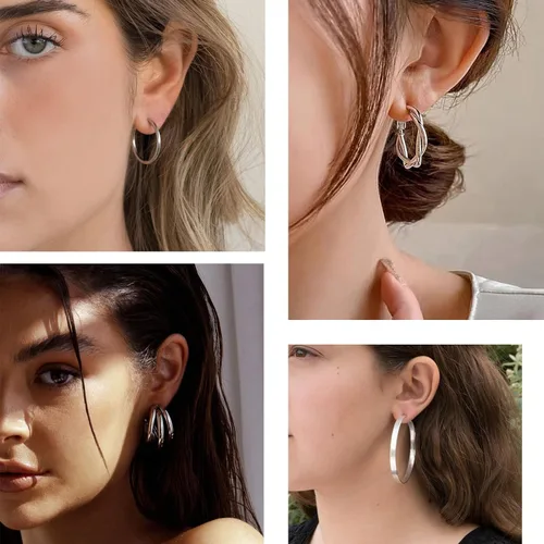 Vista 7 de Juego de 45 pares de aretes de aro dorados y plateados para niñas y mujeres, paquete múltiple de aretes colgantes de perlas gruesas trenzadas
