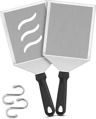 Vista 8 de HaSteeL - Juego de 2 espátulas de metal grandes de acero inoxidable con mango de ABS, resistente para hamburguesas y panqueques, ideal para cocinar