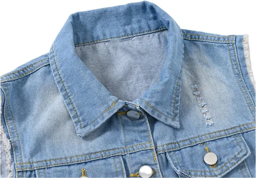Vista 4 de JiangWu Chaleco de mezclilla corto para mujer, sin mangas, con botones, rasgado, casual, chaqueta, mezclilla-azul