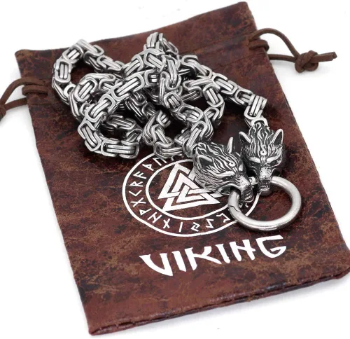 Vista 3 de GuoShuang Wolf Head with Thor Mjolnir Pendant Necklace Stainless Steel - King Chain