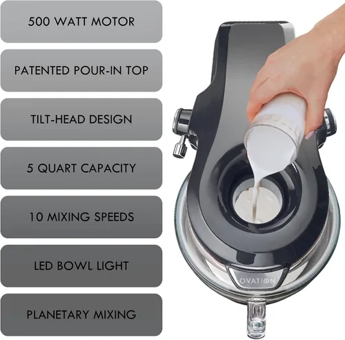 Vista 3 de Kenmore Ovation - Batidora eléctrica de pie de 500 W, cabezal inclinable de 10 velocidades, con cuenco de vidrio de 5 cuartos de galón, protector