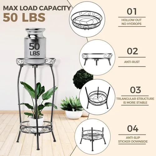 Vista 17 de Kavlium Paquete de 2 Soportes para Plantas de Interior y Exterior, Soportes Altos de Metal Negro Resistentes al Óxido y Estables, Estante