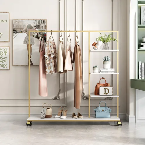 Vista 10 de Perchero de metal dorado con estante de madera, perchero resistente con ruedas para dormitorio, uso en boutiques minoristas (37.4 pulgadas de largo)