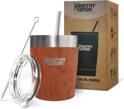 Vista 10 de Vaso de viaje de acero inoxidable con aislamiento humano, con pajita y tapa, Negro puro