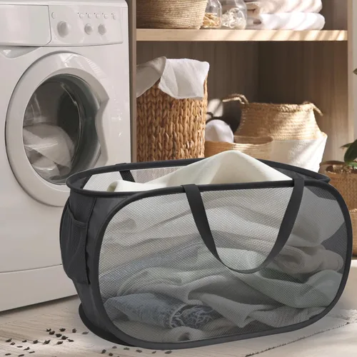 Vista 2 de Cesta de Ropa Emergente, Cestas Horizontales Plegables con Asas y Bolsillo Lateral, Malla Resistente Plegable para Cuarto de Lavado, Baño