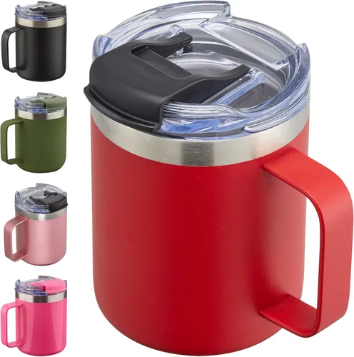 Vista 9 de Taza de café aislada de 12 onzas con asa, taza de café de viaje de acero inoxidable con tapa abatible, vaso de café de doble pared con aislamiento
