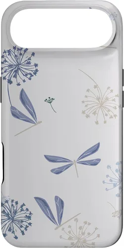 Vista 27 de Bonita funda para iPhone 17 con diseño de libélula de diente de león azul lavanda beige