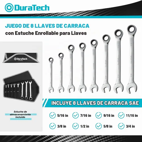 Vista 2 de DURATECH Juego de llaves de trinquete de 8 piezas, SAE, 5/16" a 3/4