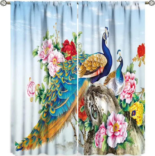 Vista 19 de Cortinas opacas de pavo real, hermoso patrón de estampado de flores de pavo real azul, estampado de mariposas y pavo real, juego de 2 paneles