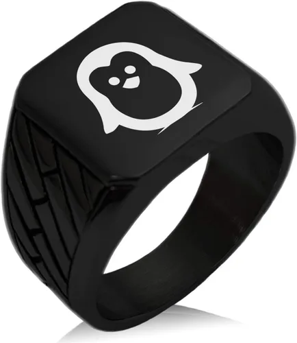 Vista 2 de Anillo pulido estilo motorista con diseño geométrico de pingüino de acero inoxidable