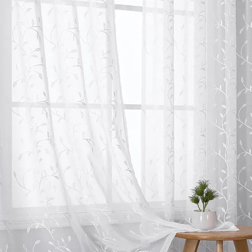 Vista 28 de VISIONTEX 2 paneles de cortinas traslúcidas de 63 in de largo, cortinas de gasa semitransparentes bordadas con hojas florales beige, bolsillo