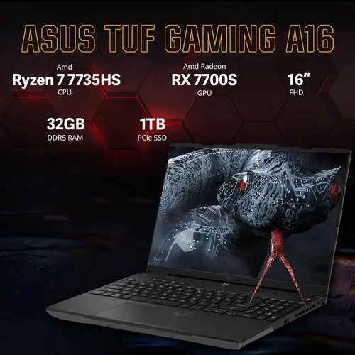 Vista 2 de asus TUF A16 - Laptop para juegos FHD de 16 pulgadas y 165 Hz, AMD Ryzen 7-7735HS, gráficos Radeon RX7600S V8G, RAM DDR5 de 32 GB, SSD PCIe de 1 TB