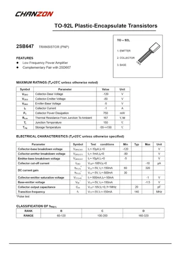 Vista 4 de Chanzon 2SB647A TO-92L PNP Power BJT Transistor de unión bipolar (paquete de 50 piezas)