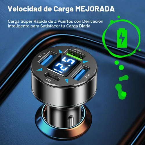 Vista 4 de Cargador rápido de coche de 4 puertos con salida de enchufe, voltímetro LED, PD3.1, súper puerto, accesorio USB universal para encendedor