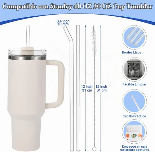 Vista 2 de 12 piezas de pajitas de vidrio de repuesto para Stanley - Compatibles con vasos Stanley de 40 oz y 30 oz, pajitas de vidrio transparentes