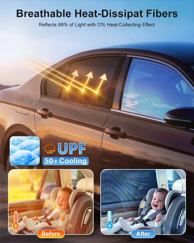 Vista 2 de PEMOTech - Parasol para ventana de coche (2 pack) - Certificado, parasol para ventana lateral del coche, protección UV, transpirable, de spandex