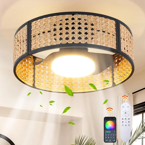 Vista 17 de Ganeed Ventilador de techo bohemio de 20 pulgadas con luz, ventilador de techo enjaulado de ratán tejido a mano con luz y control remoto, ventilador