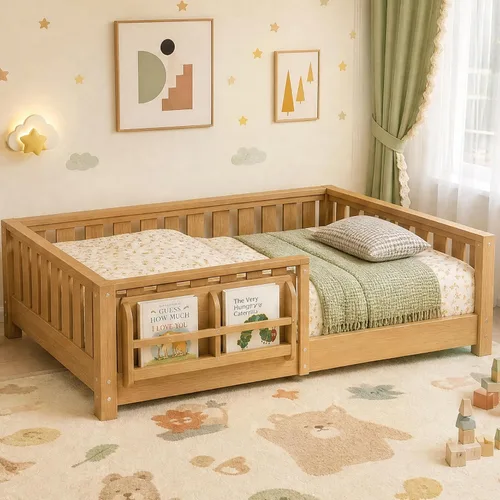 Vista 28 de Marco de cama Montessori Twin con estantería y barandillas, color beige