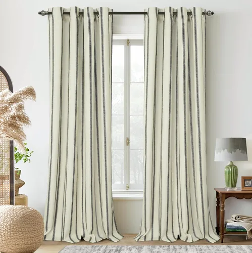 Vista 47 de DriftAway, cortinas de mezcla de lino estilo granja 100% opacas de 63 pulgadas de largo para dormitorio, cortinas de lino con rayas verticales