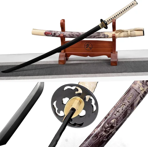 Vista 12 de Black Sword - Katana japonesa de espada completa, espadas largas de acero al carbono de 41 pulgadas Negro-2