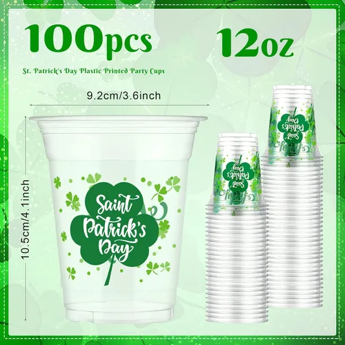 Vista 2 de Aoriher 100 tazas de trébol del día de San Patricio de 12 onzas desechables de plástico para feliz día de San Patricio, tazas verdes transparentes