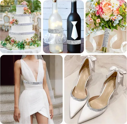 Vista 4 de Dowarm Cinta autoadhesiva de diamantes de imitación plateados, tiras brillantes para manualidades, decoración de bodas, 0.4 pulgadas de ancho