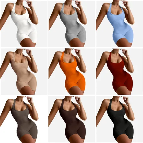 Vista 4 de EOJN Traje corto de una pieza para mujer, sin mangas, bodycon, sin mangas, overol