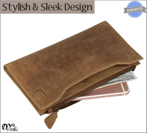Vista 5 de Mou Meraki Cartera larga con bloqueo RFID de cuero genuino - Vintage Bifold para hombres