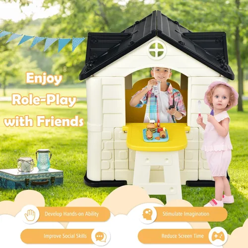 Vista 4 de Costzon Casa de juegos para niños, juegos de jardín al aire libre con puertas y ventanas de trabajo, casa de juguetes de simulación con mesa