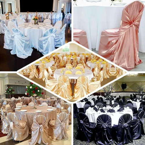 Vista 5 de Efavormart.com - Fundas para sillas beige de 1 pieza, satinadas, con lazo, universales, para banquetes, bodas, plegables, para sillas de comedor