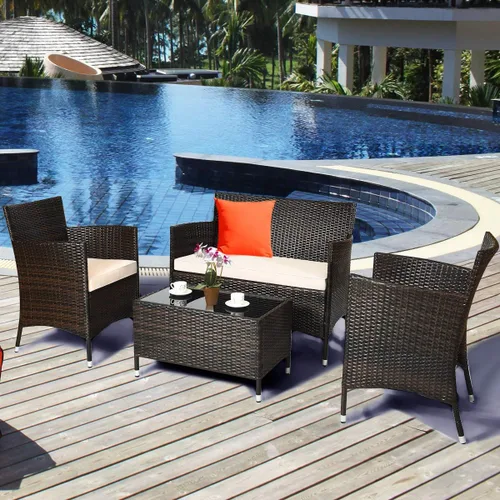 Vista 3 de Tangkula Juego de muebles de patio de ratán de 8 piezas, con mesa de centro de vidrio templado, juego de mesa de sofá para exteriores, con cojín