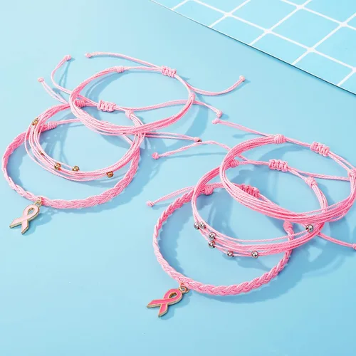 Vista 6 de Long tiantian Breast Cancer Bracelets Gifts for Woman Breast Cancer Awareness Accessories Pink Braided Rope Bracelet Natural Stone Bead Ribbon Charm