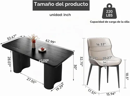 Vista 2 de Mesa de comedor rectangular de 63 pulgadas con 4 sillas, moderna mesa de comedor negra con sillas para sala de estar, comedor y cocina