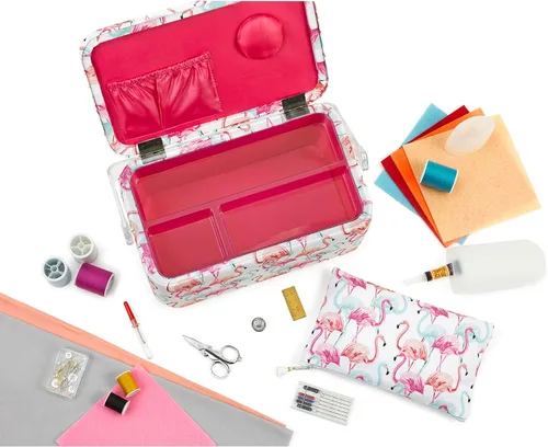 Vista 6 de SINGER Cesta de aparejos grande de alta calidad, estampado de flamenco pastel con kit de costura de viaje de emergencia y bolsa con cremallera a