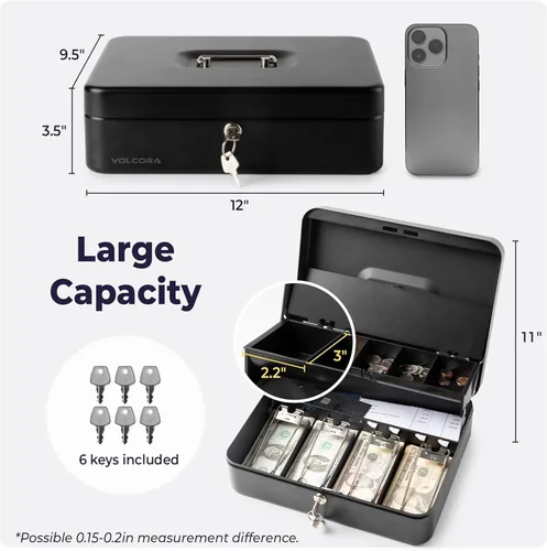 Vista 3 de Volcora Caja Grande de Dinero con Cerradura de Llave, Caja de Dinero de Metal para Efectivo, Caja de Seguridad con Cerradura Portátil y Bandeja