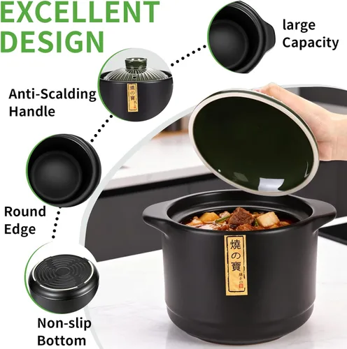 Vista 10 de Olla de cerámica de 2.1 cuartos de galón – Auténtica olla japonesa de arcilla Donabe – Olla de barro para cocción lenta, cazuela con tapa verde