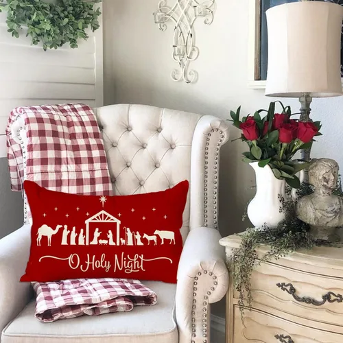 Vista 6 de RABUSOFA Fundas de almohada de Navidad de 12 x 20 pulgadas, almohadas de Navidad, fundas de almohada de noche santa, fundas de cojín rojas