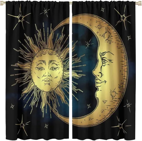 Vista 108 de Cortinas opacas con diseño de sol y luna, cuerpos celestes bohemios, con diseño de sol, luna y estrellas, para sala de estar, dormitorio, 42 x 45