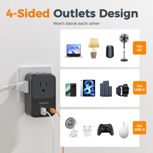Vista 6 de TESSAN Bloque de cargador USB C de 20 W PD, adaptador de carga rápida con enchufe plegable, extensor de toma de corriente de 1875 W (4 CA y 4 USB)
