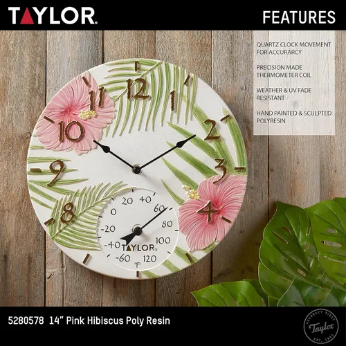 Vista 5 de Taylor Reloj y termómetro de poliresina de hibisco rosa para interiores y exteriores, decoración del hogar para jardín, patio, piscina y áreas