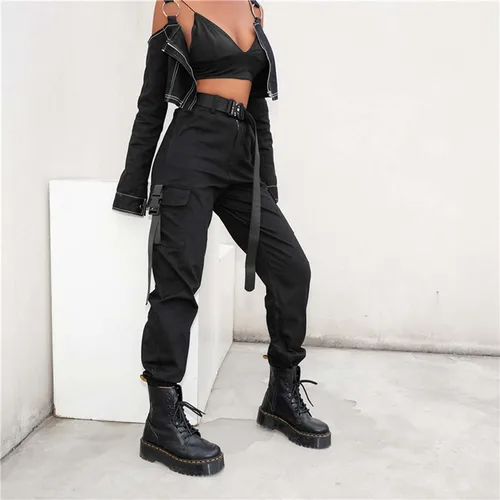 Vista 2 de JEAAMKSSER Pantalones cargo negros de cintura alta para mujer con bolsillos, holgados, color liso, Y2K Streetwear