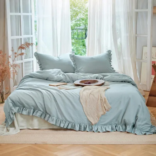 Vista 8 de Simple&Opulence Juego de funda de edredón de algodón de lino con volantes, 3 piezas, ropa de cama con textura suave con bordes decorativos