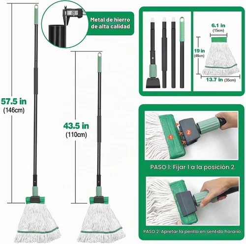 Vista 2 de Trapeador resistente para limpieza de suelos, trapeador comercial industrial con mango de 57.5 pulgadas de largo, mopas de algodón húmedo con cuerda