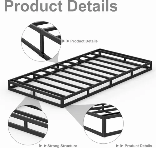 Vista 3 de Base de cama con somier de 3 pulgadas, tamaño individual, base de colchón de metal resistente con funda de tela, sin ruido, fácil montaje