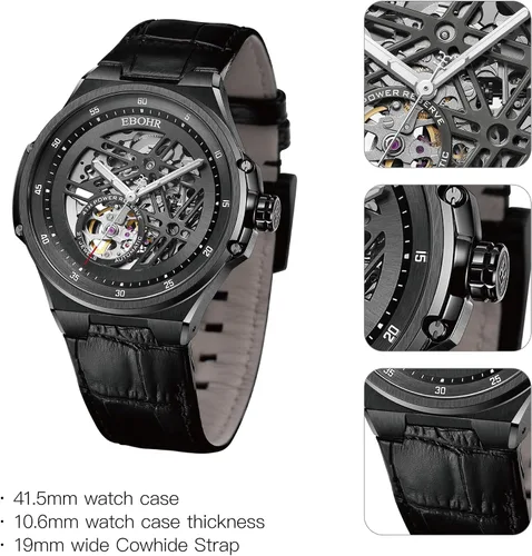 Vista 4 de Men's Unique Personality Watch 21Jewell Mechanical Black Luminous Hands Skeleton Design with Large Black Dial Easy to Read Creative Watches