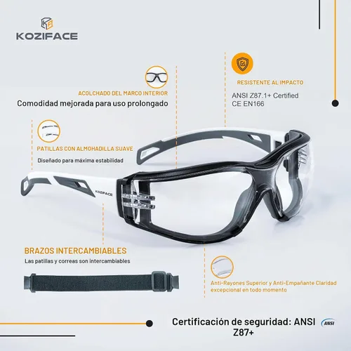 Vista 3 de Koziface S30 - Gafas de seguridad para hombres y mujeres, ajustables, elásticas, con correa y brazos, 2 formas de usar, elegantes ANSI Z87.1+
